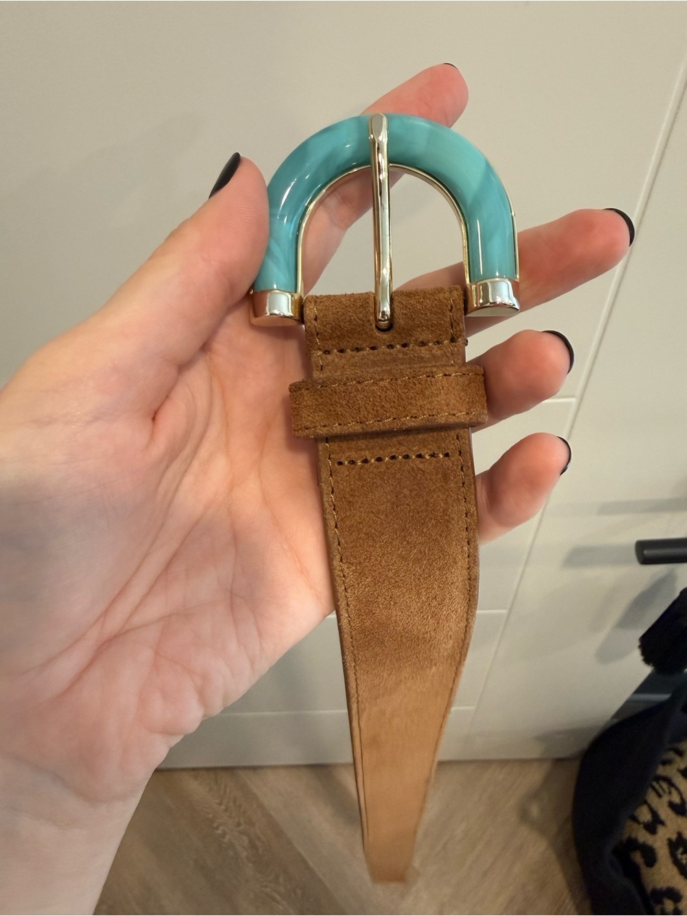 Sezane Brown Suede Belt with Turquoise Accent Buckle